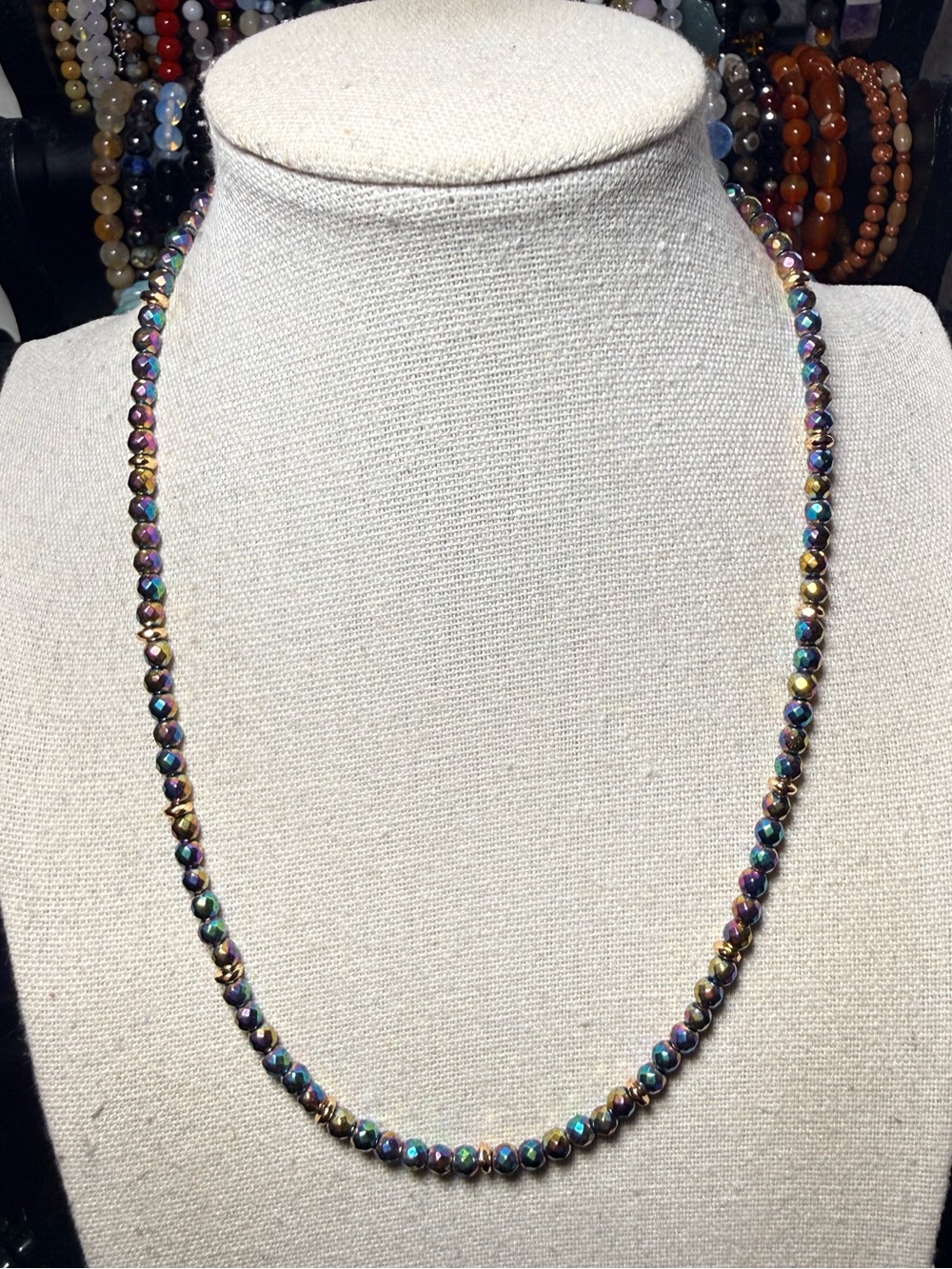 4mm Faceted Rainbow Hematite Gemstone Necklace 17”
